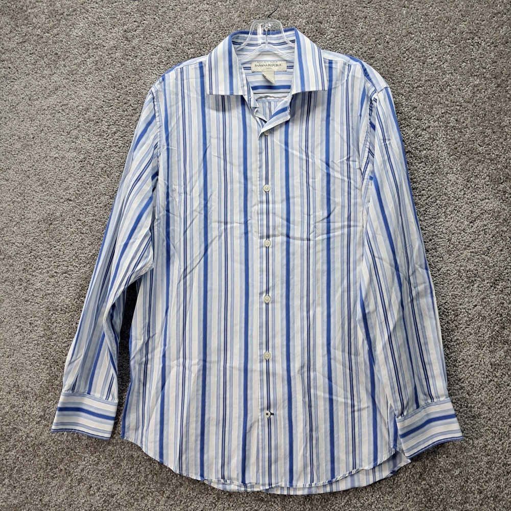 Banana Republic Mens Blue White Striped Cotton Button Down Shirt Size M 15-15.5